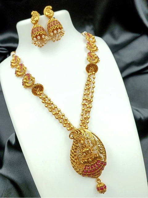 Generic Women's Gold Plated Necklace and Earrings Set with Antique Finish (Red, Free Size)