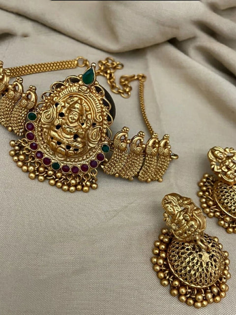 Generic Women's Traditional Temple Necklace and Earrings Set in Gold (Multi Color, Free Size)