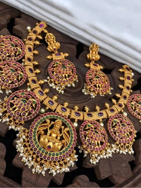 Generic Women's Goddess Glamour Gold Plated Temple Necklace and Jhumka Set (Multi Color, Free Size)