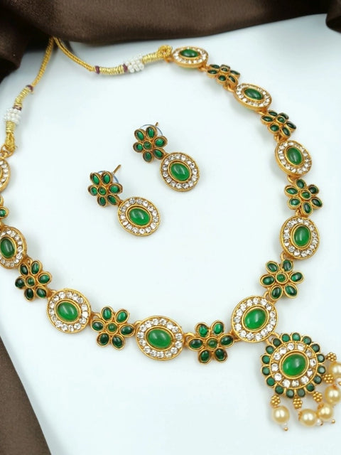 Generic Women's Temple Elegance Gold Plated Necklace and Earrings Set (Green, Free Size)