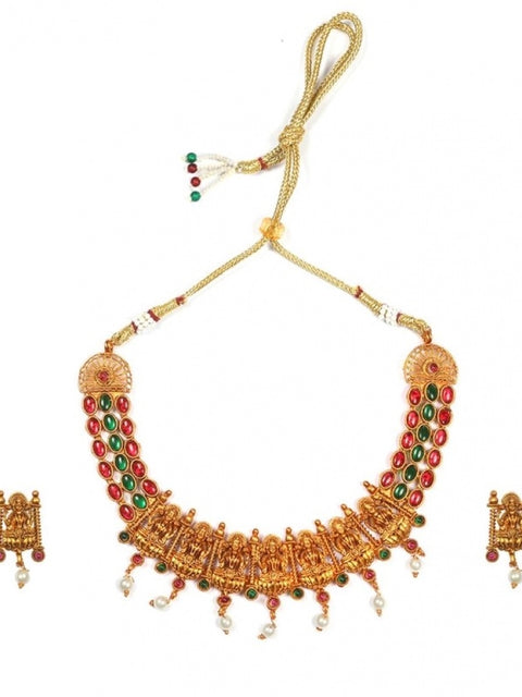 Generic Women's Temple Necklace and Earrings Set in Gold Plating (Multi Color, Free Size)