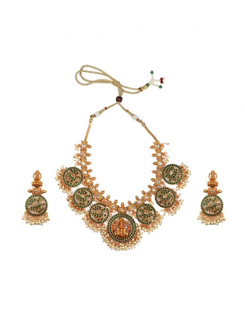 Generic Women's Goddess Glamour Gold Plated Temple Necklace and Jhumka Set (Green, Free Size)
