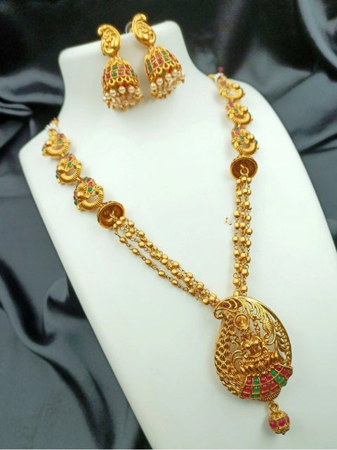 Generic Women's Traditional Temple Necklace and Earrings Set in Gold (Multi Color, Free Size)