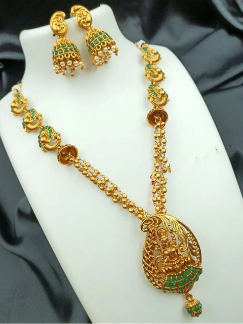 Generic Women's Traditional Temple Necklace and Earrings Set in Gold (Green, Free Size)