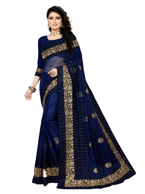 Women's Net Saree With Blouse (Navy Blue, 5-6Mtrs)