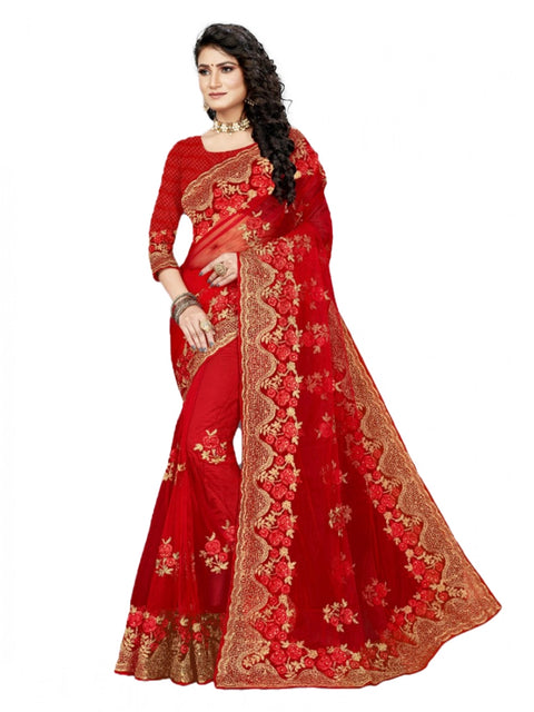 Women's Net Saree With Blouse (Red, 5-6Mtrs)