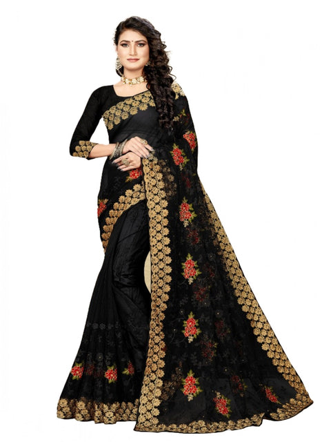 Women's Net Saree With Blouse (Black, 5-6Mtrs)