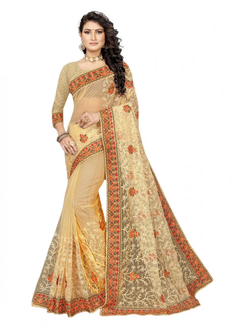 Women's Net Saree With Blouse (Chiku, 5-6Mtrs)