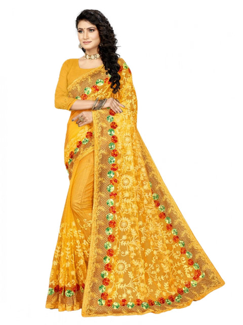 Women's Net Saree With Blouse (Yellow, 5-6Mtrs)