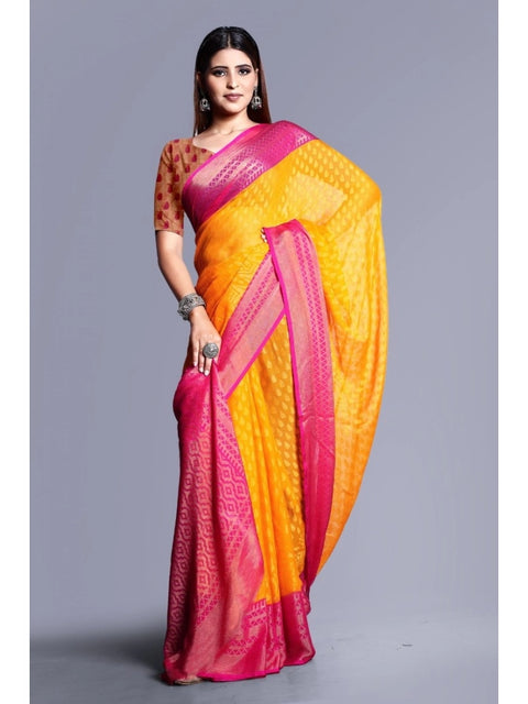 Women's Viscose Rayon Printed Saree With Unstitched Blouse (Yellow)