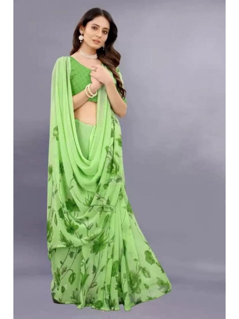 Women's Georgette Printed Saree With Unstitched Blouse (Green)