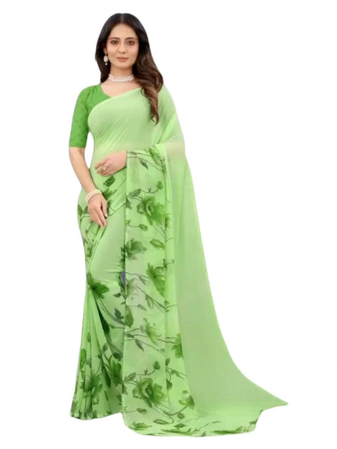 Women's Georgette Printed Saree With Unstitched Blouse (Green)