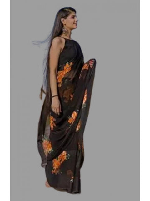 Women's Satin Patta Printed Saree With Unstitched Blouse (Orange)