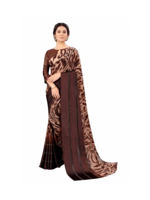 Women's Satin Patta Printed Saree With Unstitched Blouse (Brown)