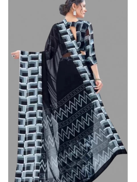Women's Satin Patta Printed Saree With Unstitched Blouse (Black)