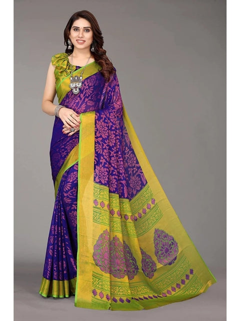 Women's Viscose Rayon Printed Saree With Unstitched Blouse (Blue)