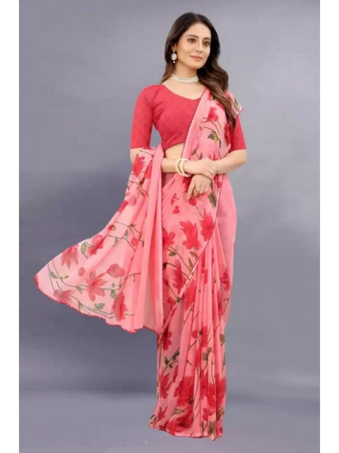 Women's Georgette Printed Saree With Unstitched Blouse (Red)