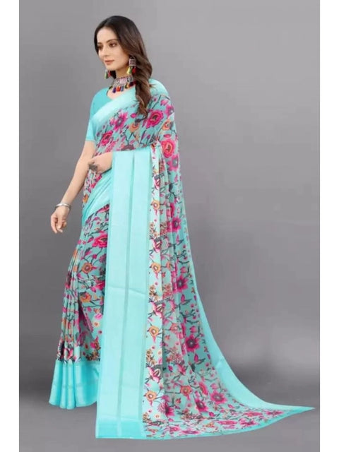 Women's Satin Patta Printed Saree With Unstitched Blouse (Skyblue)