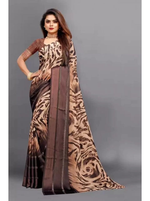 Women's Satin Patta Printed Saree With Unstitched Blouse (Brown)