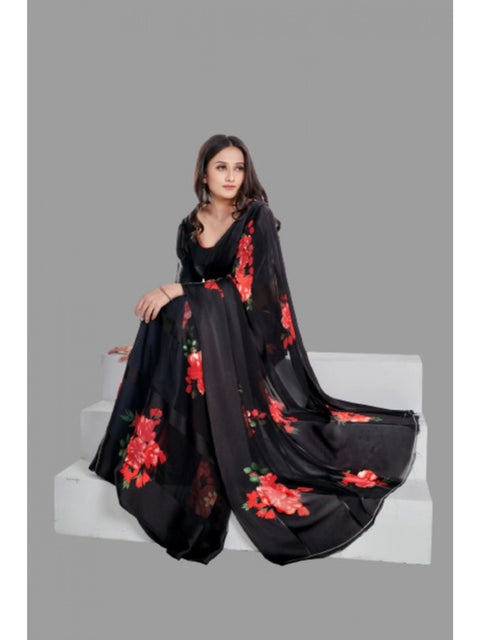 Women's Satin Patta Printed Saree With Unstitched Blouse (Red)