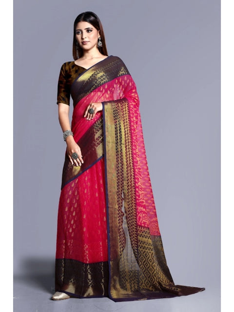Women's Viscose Rayon Printed Saree With Unstitched Blouse (Pink)