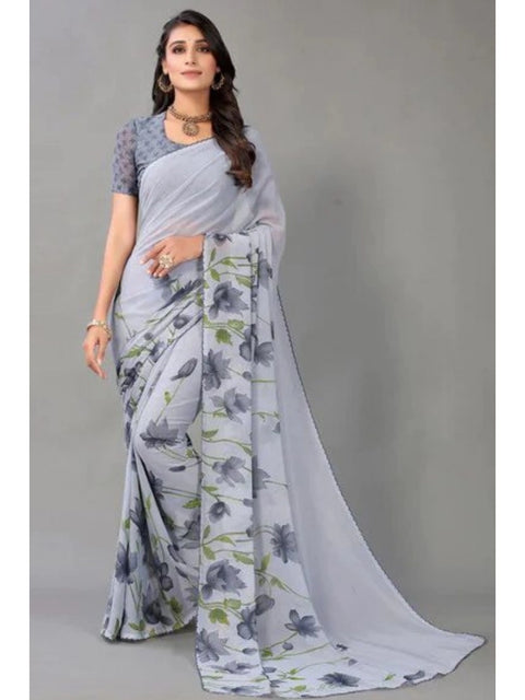 Women's Georgette Printed Saree With Unstitched Blouse (Grey)