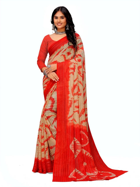 Women's Georgette Printed Saree With Unstitched Blouse (Red)