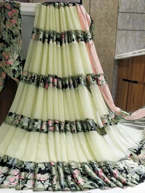 Women's Satin Patta Printed Saree With Unstitched Blouse (Cream)