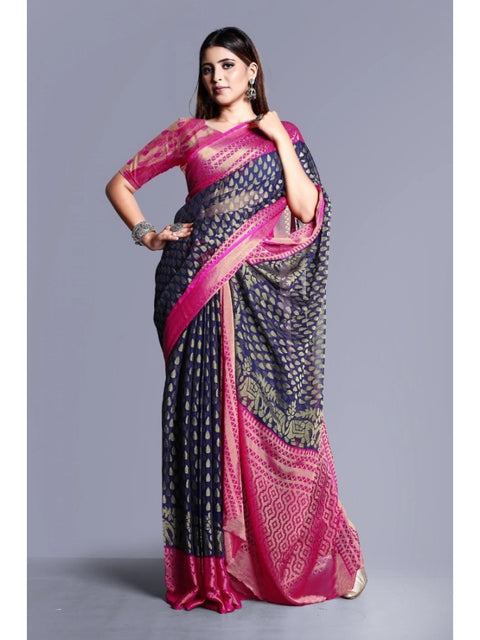 Women's Viscose Rayon Printed Saree With Unstitched Blouse (Navy Blue)