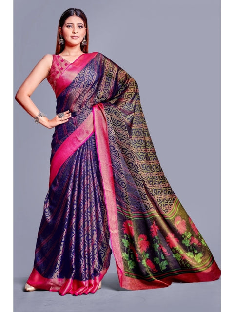Women's Viscose Rayon Printed Saree With Unstitched Blouse (Navy Blue)