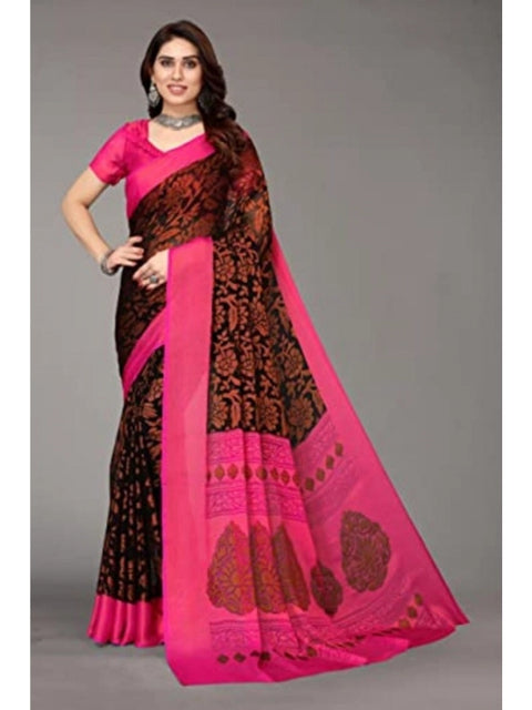 Women's Viscose Rayon Printed Saree With Unstitched Blouse (Black)