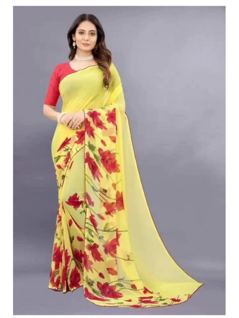 Women's Georgette Printed Saree With Unstitched Blouse (Yellow)