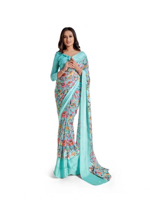 Women's Satin Patta Printed Saree With Unstitched Blouse (Skyblue)
