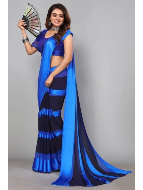 Women's Satin Patta Printed Saree With Unstitched Blouse (Skyblue)