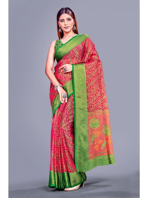 Women's Viscose Rayon Printed Saree With Unstitched Blouse (Pink)