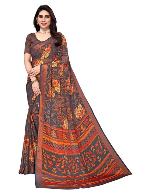 Women's Viscose Rayon Printed Saree With Unstitched Blouse (Grey)