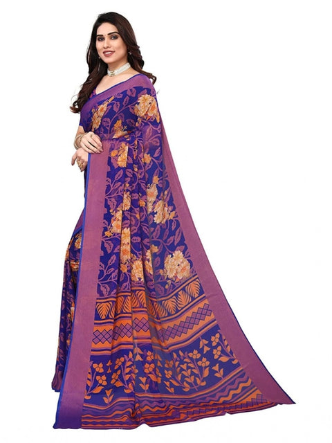 Women's Viscose Rayon Printed Saree With Unstitched Blouse (Blue)