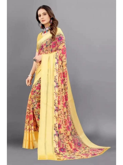 Women's Satin Patta Printed Saree With Unstitched Blouse (Yellow)