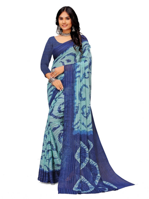Women's Georgette Printed Saree With Unstitched Blouse (Blue)