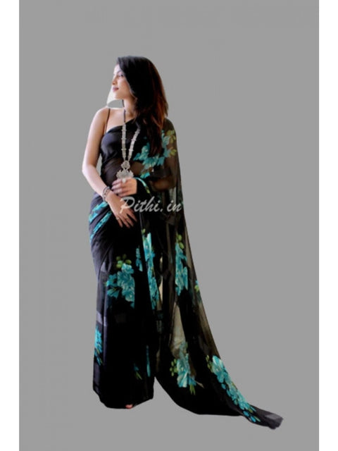 Women's Satin Patta Printed Saree With Unstitched Blouse (Blue)