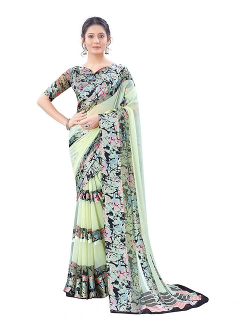 Women's Satin Patta Printed Saree With Unstitched Blouse (Cream)