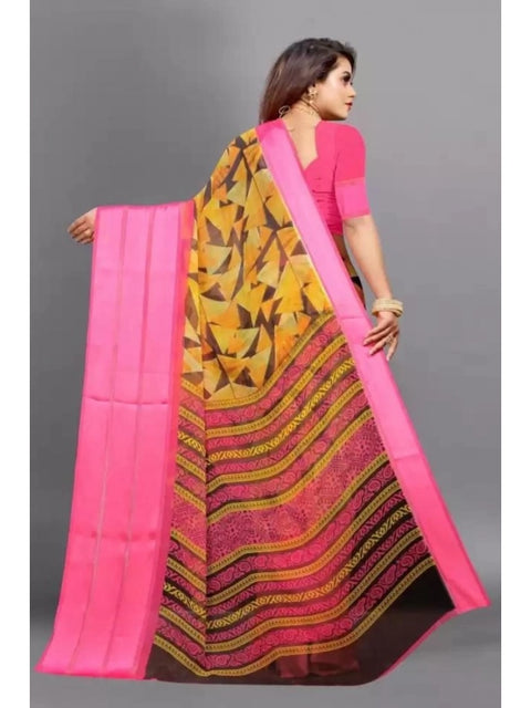 Women's Satin Patta Printed Saree With Unstitched Blouse (Pink)