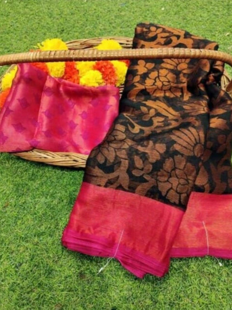 Women's Viscose Rayon Printed Saree With Unstitched Blouse (Black Pink)
