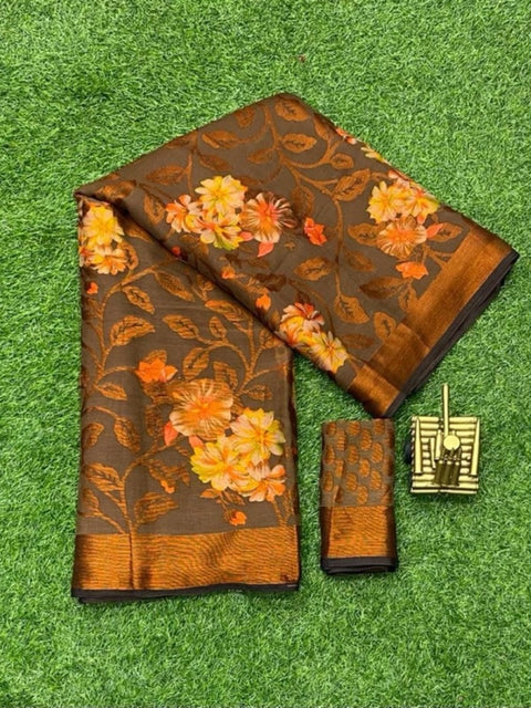 Women's Viscose Rayon Printed Saree With Unstitched Blouse (Brown)