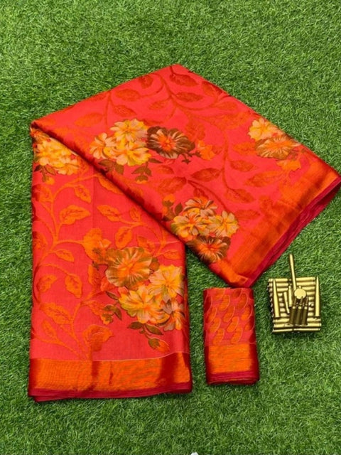 Women's Viscose Rayon Printed Saree With Unstitched Blouse (Red)
