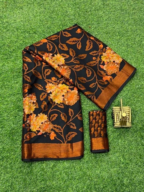 Women's Viscose Rayon Printed Saree With Unstitched Blouse (Black)