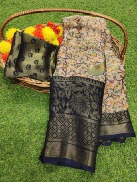 Women's Viscose Rayon Printed Saree With Unstitched Blouse (Navyblue)