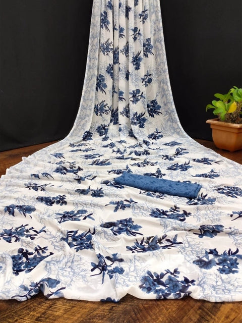 Women's Georgette Printed Saree With Unstitched Blouse (Blue)
