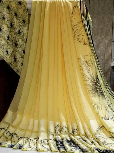 Women's Satin Patta Printed Saree With Unstitched Blouse (Yellow)