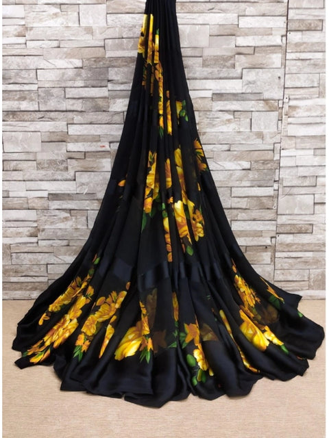 Women's Satin Patta Printed Saree With Unstitched Blouse (Yellow)